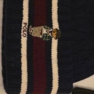 Polo Ralph Lauren Navy Beanie with Striped Detail and Bear